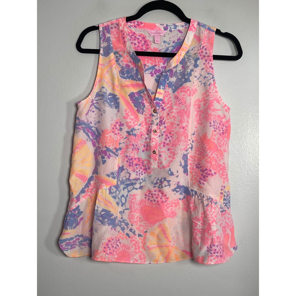 LILLY PULITZER Kery Silk Tank Top Small Tropical Resort Beach Colorful‎ Preppy
